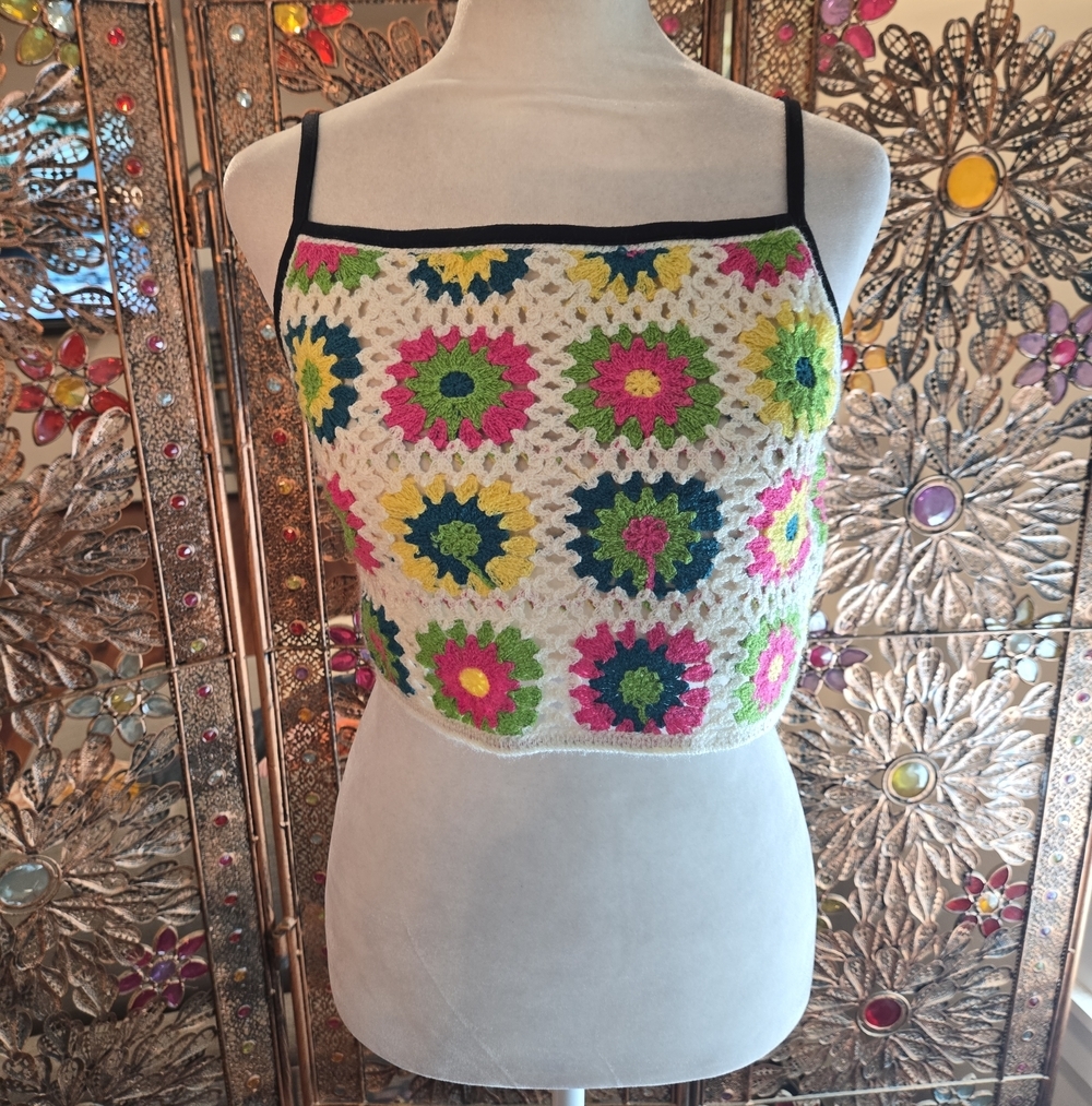 Crochet Grandma Square Multicolored Cropped Cami Tank Boho Hippie Top XS